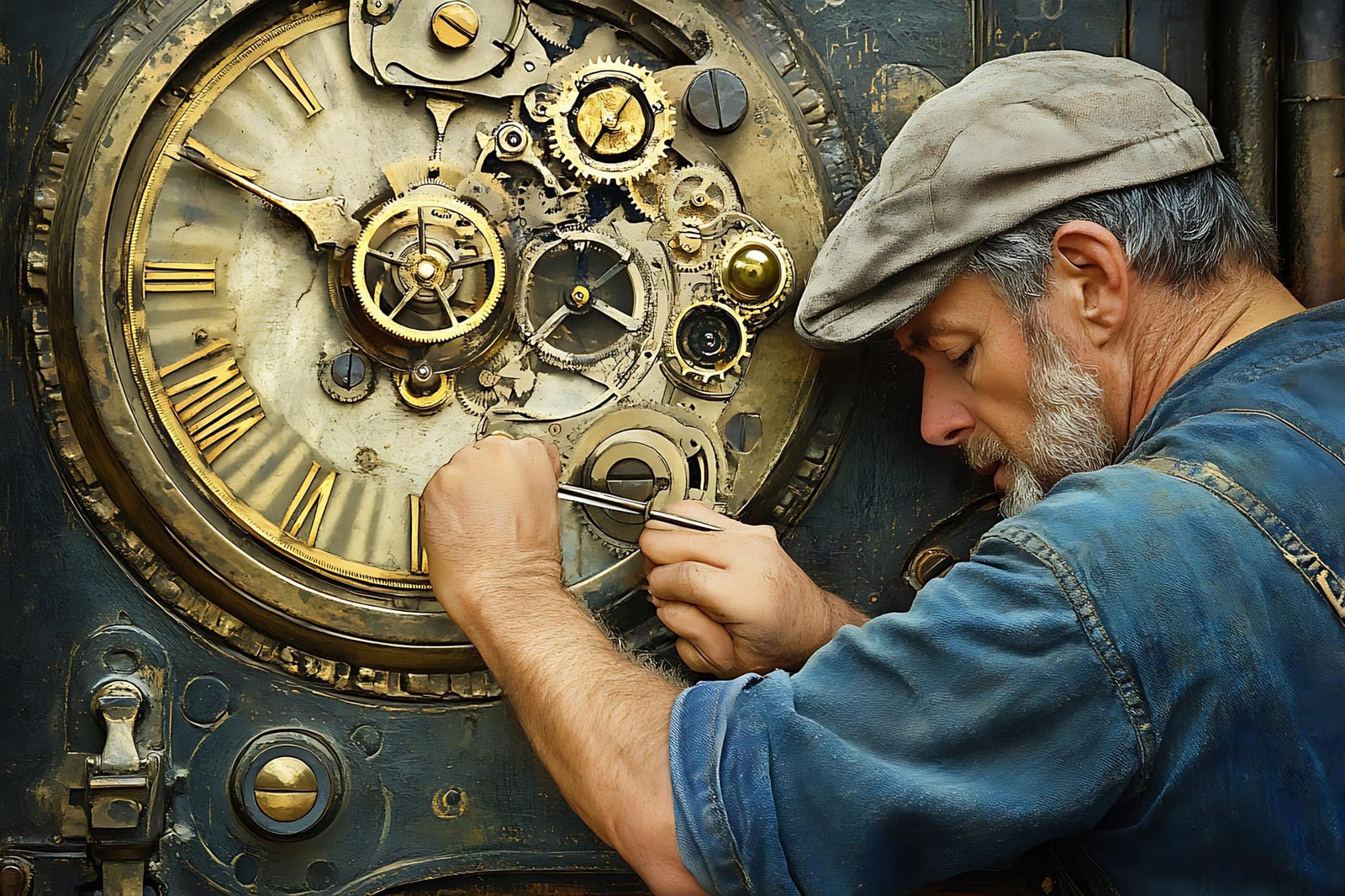 Orologiaio al lavoro sul grande movimento di un orologio da torre, con quadrante a numeri romani